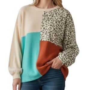 Color Block Leopard Print Oversized Sweater